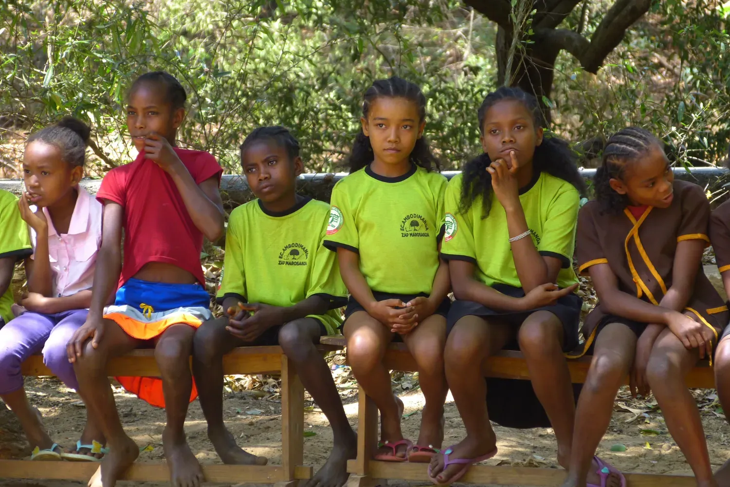 Students from a village near Ankarafantsika National Park A group of schoolchildren sit on a wooden bench outdoors, some wearing green uniforms with the school name and logo.