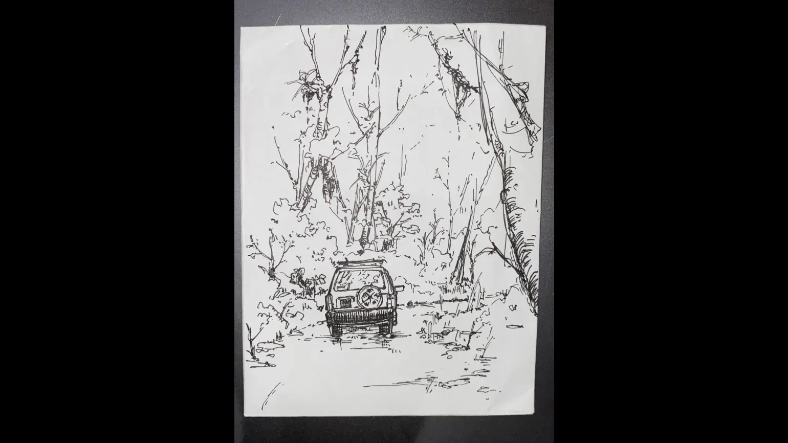 Driving through the forest, pen and ink © Duyu Wang An ink drawing of a car driving through a forest