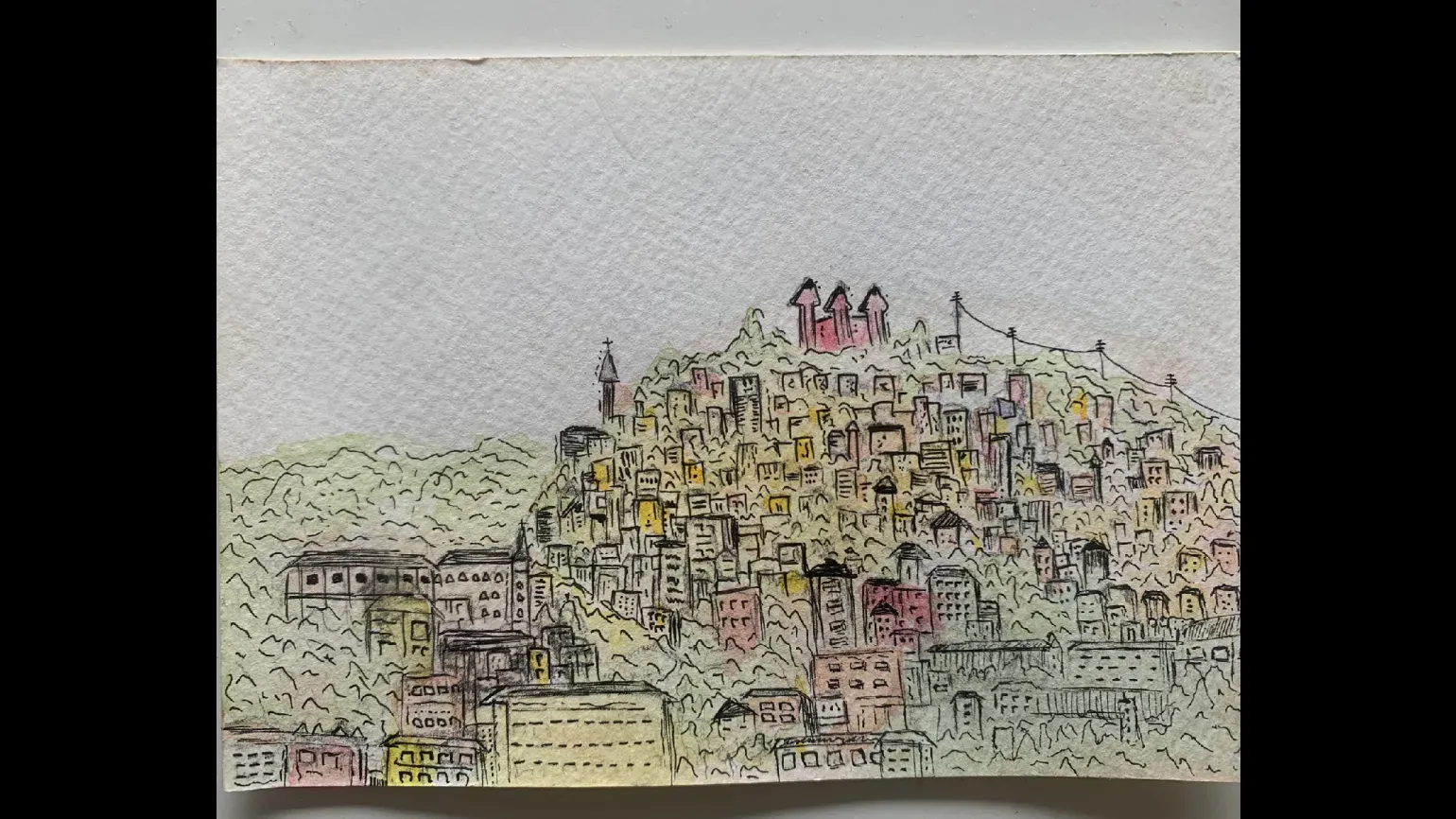 Cityscape, watercolour and ink © Eleanor Hesketh A watercolour painting of a city on a hill