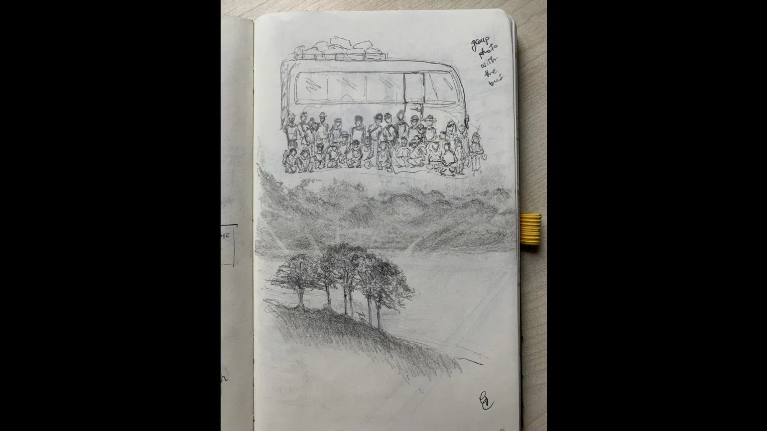 Day 1, pencil sketches © Gaia Caravella A sketchbook page with pencil drawings of a group of people in front of a bus and of trees on a hill
