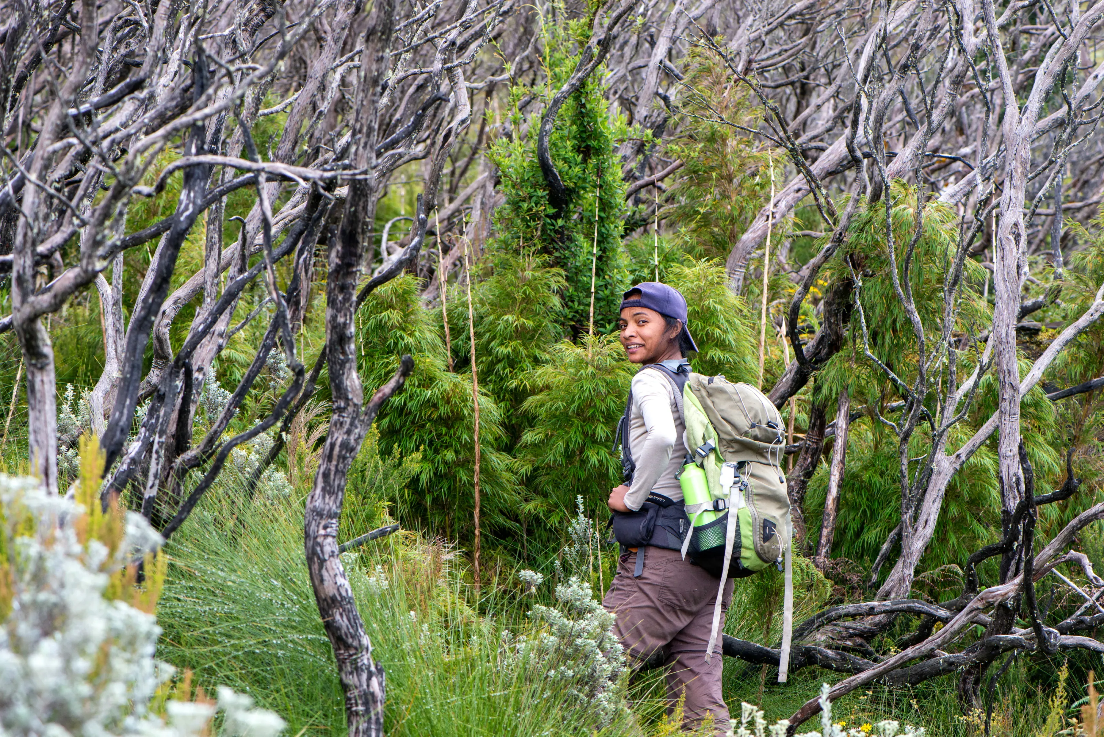 Lova in Tsaratanana national park, Madagascar. © Lova Marline Lova, wearing a backpack, walking through trees and shrubs