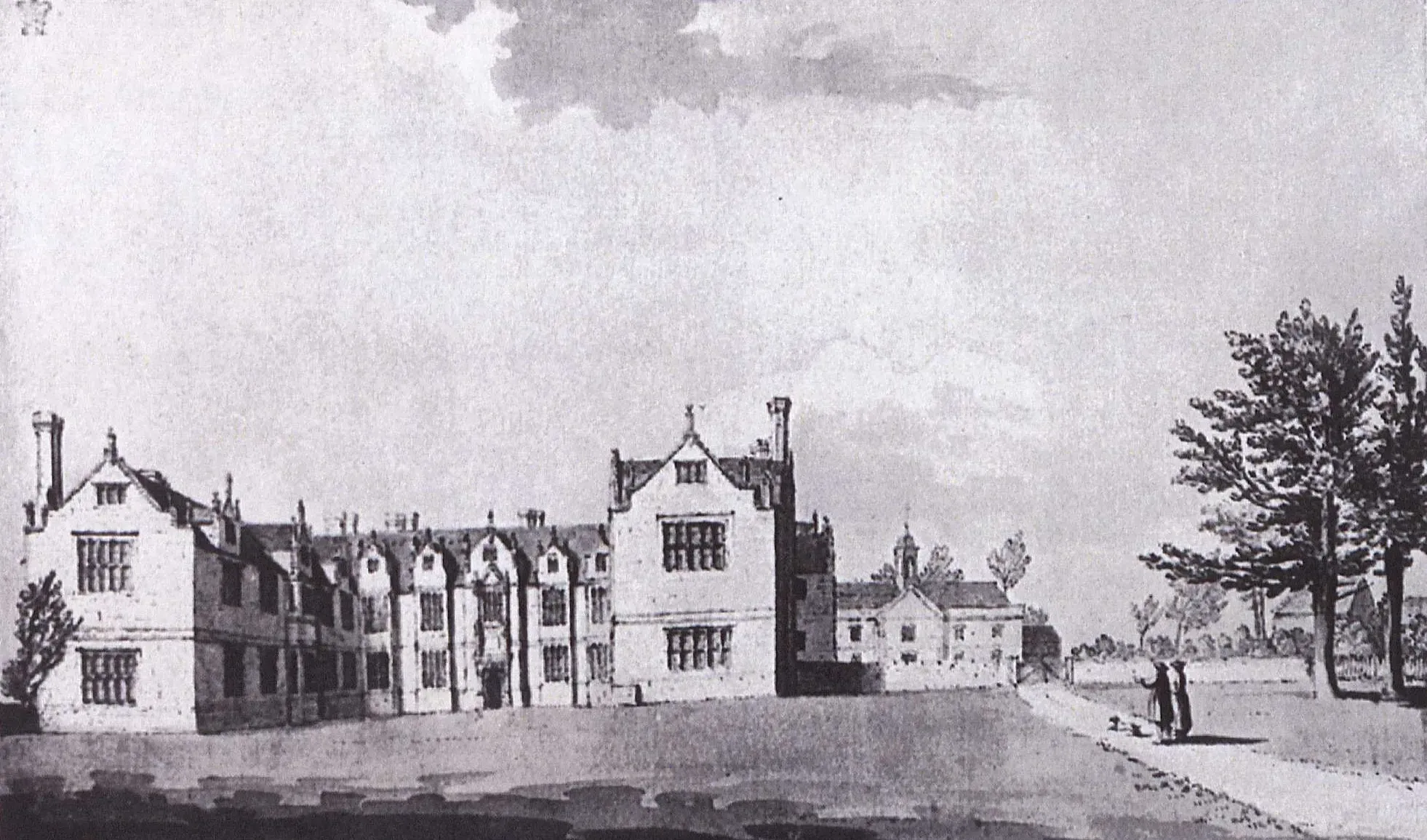 The Wakehurst Mansion in the 1800s © RBG Kew A black and white drawing of the Wakehurst Mansion from the 1800s © RBG Kew