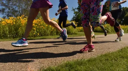 Wakehurst running event © RBG Kew Runners on a path past a field of yellow flowers